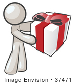 #37471 Clip Art Graphic Of A White Guy Character Holding A Gift