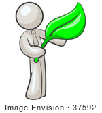 #37592 Clip Art Graphic of a White Guy Character Holding a Green Leaf by Jester Arts