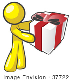 #37722 Clip Art Graphic Of A Yellow Guy Character Holding A Gift