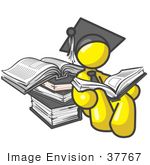 #37767 Clip Art Graphic Of A Yellow Guy Character Graduate Reading Books