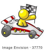 #37770 Clip Art Graphic Of A Yellow Guy Character Racing A Car