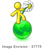 #37775 Clip Art Graphic Of A Yellow Guy Character With A Daisy On A Globe