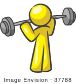 #37788 Clip Art Graphic of a Yellow Guy Character Exercising With a Barbell by Jester Arts