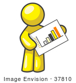 #37810 Clip Art Graphic Of A Yellow Guy Character Holding A Printed Bar Graph