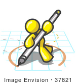 #37821 Clip Art Graphic of a Yellow Guy Character Drawing a Circle on Graph Paper by Jester Arts