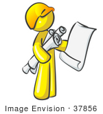 #37856 Clip Art Graphic Of A Yellow Guy Character With Blueprints
