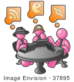 #37895 Clip Art Graphic of Pink Guy Characters Using Laptops in an Internet Cafe by Jester Arts