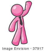 #37917 Clip Art Graphic Of A Pink Guy Character Waving