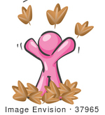 #37965 Clip Art Graphic Of A Pink Guy Character Playing In Leaves