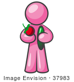 #37983 Clip Art Graphic Of A Pink Guy Character Holding Veggies