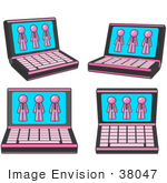 #38047 Clip Art Graphic of a Pink Guy Character on Laptop Screens by Jester Arts