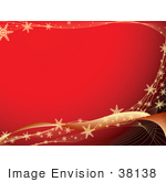 #38138 Clip Art Graphic Of A Red Background Bordered By Golden Waves With Snowflakes