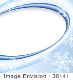 #38141 Clip Art Graphic Of A Background Of Blue Waves And Snowflakes Curving Around A Blank White Oval Space