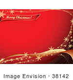 #38142 Clip Art Graphic Of A Red Background Bordered By Golden Waves With Snowflakes With A Merry Christmas Greeting