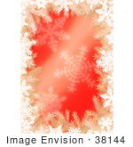 #38144 Clip Art Graphic Of A Red Christmas Background With Tree Branches And Snowflakes Bordered By White