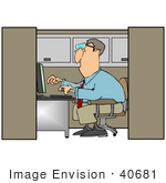 #40681 Clip Art Graphic Of A Male Caucasian Office Worker Using A Computer In A Cubicle