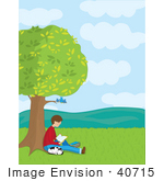 #40715 Clip Art Graphic Of A Caucasian Boy Seated Under A Tree With His Dog Reading A Book Birds Looking Down