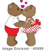 #40999 Clip Art Graphic of Two Smooching Teddy Bears Holding Hands, Hearts Above Them by Maria Bell