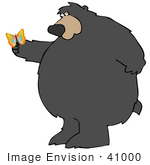 #41000 Clip Art Graphic Of A Colorful Butterfly Resting On The Paw Of A Big Amazed Bear
