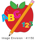 #41150 Clip Art Graphic of ABC and 123 With a Pencil in Front of an Apple by Maria Bell