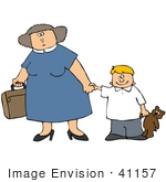 #41157 Clip Art Graphic Of A Happy Little Caucasian Boy With A Teddy Bear Holding His Mom’S Hand While She Carries A Suitcase