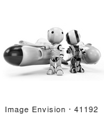 #41192 Clip Art Graphic of AO-Maru Robots In Black And Chrome, Standing By Racing Missile Rockets by Jester Arts