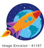 #41197 Clip Art Graphic Of A Purple Orange Blue And Red Space Shuttle Flying Through Outer Space With Earth In The Distance