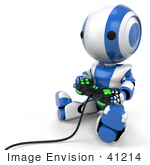 #41214 Clip Art Graphic Of A 3d Blue Robot Using A Controller To Play A Video Game
