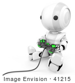 #41215 Clip Art Graphic of a 3d White Robot Using a Controller to Play a Video Game by Jester Arts