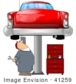 #41259 Clip Art Graphic Of A Caucasian Male Auto Mechanic Under A Red Classic Car Up On A Lift In A Garage