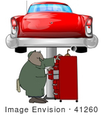 #41260 Clip Art Graphic Of An African American Male Auto Mechanic Searching For Tools In A Tool Box Under A Red Classic Car On A Lift In A Garage