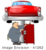 #41262 Clip Art Graphic Of A Caucasian Male Auto Mechanic Searching For Tools In A Tool Box Under A Red Classic Car On A Lift In A Garage