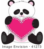 #41273 Clip Art Graphic of a Cute Panda Sitting With A Heart Valentine by Maria Bell