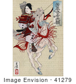 #41279 Stock Illustration Of A Female Japanese Warrior Han Gaku Armed With Arrows On The Back Of A Rearing Horse