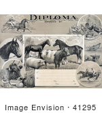 #41295 Stock Illustration Of An Agricultural Diploma With Jockeys Racing Horses Livestock Produce And Farming Tools