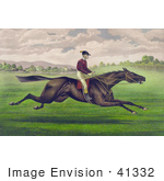 #41332 Stock Illustration Of A Jockey Riding On The Back Of A Brown Gelding Leaping Across A Grassy Field