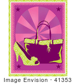 #41353 Clip Art Graphic Of A Fashionable High Heel Shoe And Purse On A Pink Background
