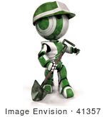 #41357 Clip Art Graphic Of A 3d Green Ao-Maru Robot Construction Worker Looking Up While Working With A Shovel