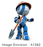 #41362 Clipart Illustration Of A 3d Blue Ao-Maru Robot Digging With A Shovel At A Construction Site