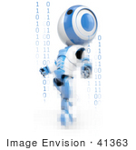 #41363 Clipart Illustration Of A 3d Blue Ao-Maru Robot Emerging Through Pixels And Binary Code