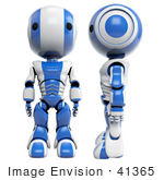 #41365 Clipart Illustration Of A 3d Blue Ao-Maru Robot Shown Facing Front And In Profile Facing Left