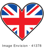 #41378 Clip Art Graphic of a Union Jack Heart Flag by Maria Bell