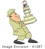 #41387 Clip Art Graphic Of A Chef Carefully Carrying A Tall Wedding Cake