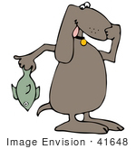 #41648 Clip Art Graphic Of A Brown Pooch Holding A Stinky Fish