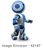 #42197 Clip Art Graphic of a Blue Futuristic Robot Walking by Jester Arts