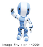 #42201 Clip Art Graphic of a Blue Futuristic Robot Raising His Hand To Wave by Jester Arts