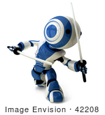 #42208 Clip Art Graphic of a Blue Futuristic Robot With Katana Swords by Jester Arts