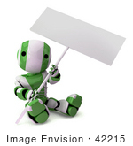 #42215 Clip Art Graphic Of A Green Futuristic Robot Sitting With A Sign