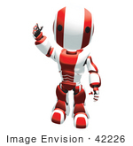 #42226 Clip Art Graphic Of A Red Futuristic Robot Waving