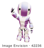 #42236 Clip Art Graphic Of A Purple Futuristic Robot Standing And Waving Hello